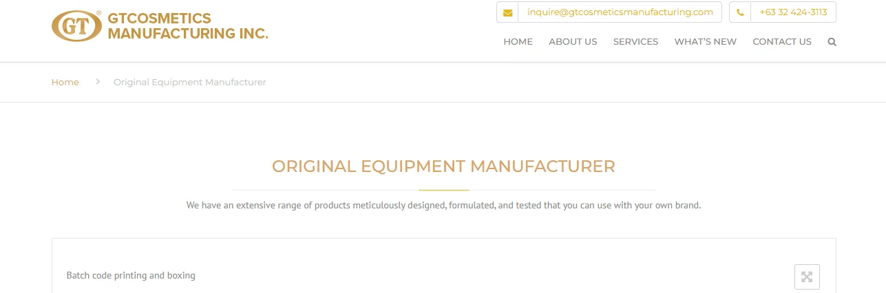 GT Cosmetics Manufacturing Inc. website header displaying 'Original Equipment Manufacturer' with contact info and navigation links.